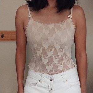 Y2K Light pink butterfly lace spaghetti strap crop top, Size XS